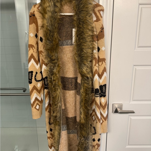 Show Me Your MuMu Tan & Brown Western Faux Fur Trim Coat - Picture 2 of 4
